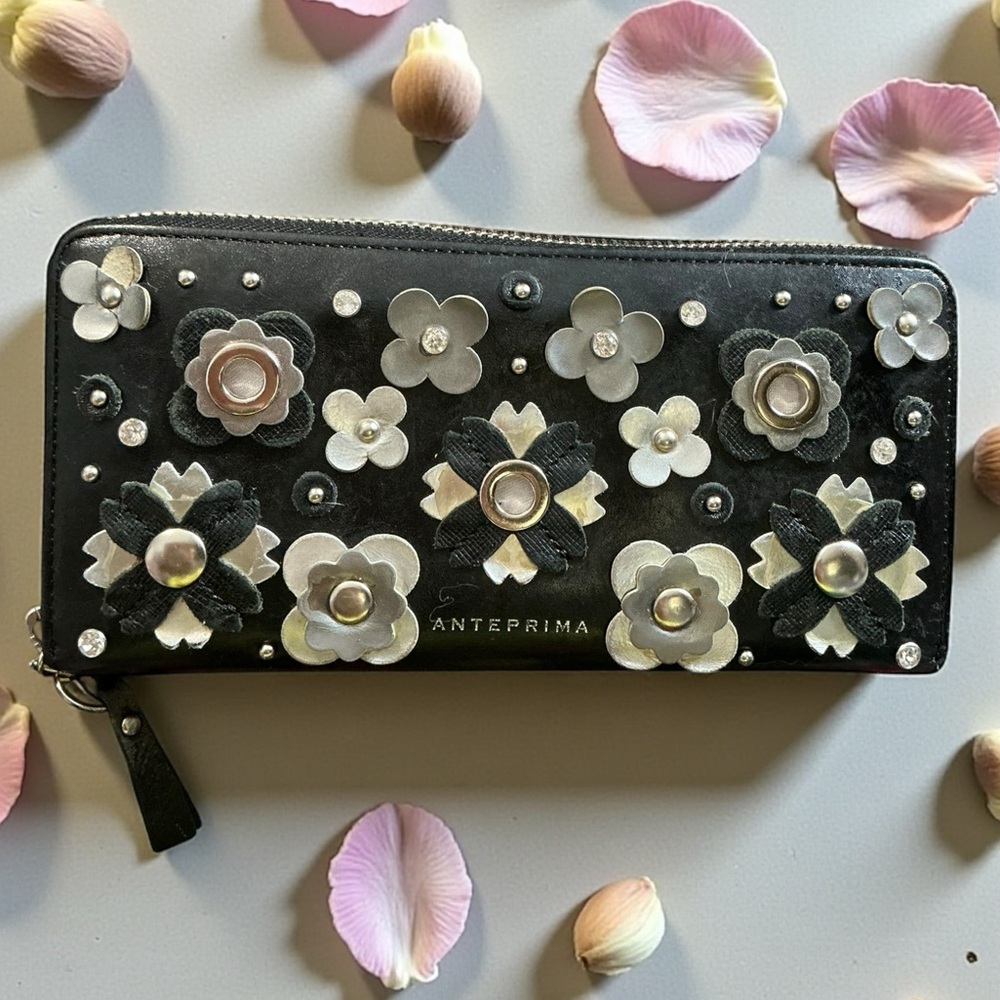 Anteprima Miss Cryopal Black Zip Around Long Wallet Floral Embellished